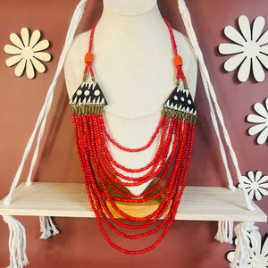 Vintage 1970s Coral Seed Bead Necklace | Red Statement | Boho‎ Gypsy Eclectic
